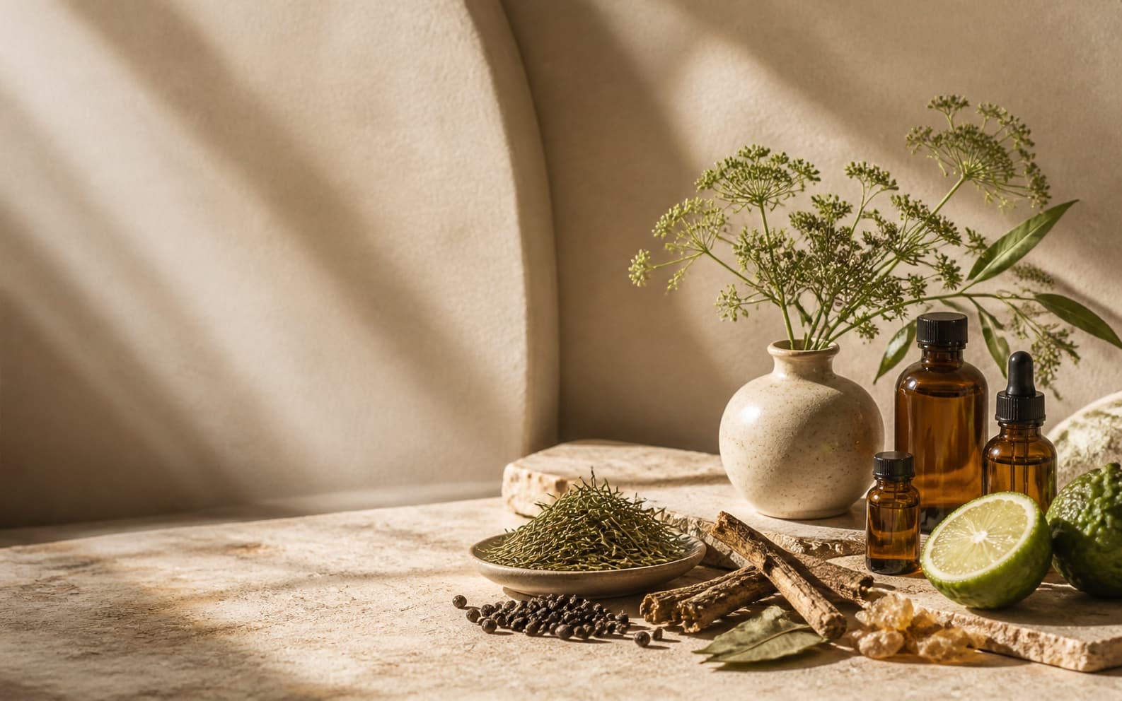 Amber fragrance bottles, aromatic botanicals and citrus in a warm studio