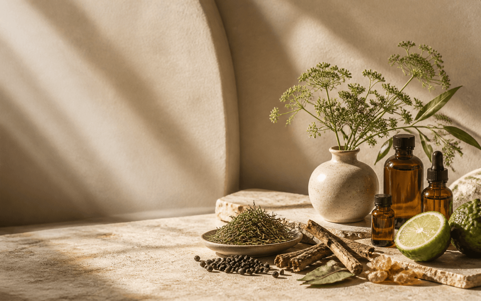Amber fragrance bottles, aromatic botanicals and citrus in a warm studio